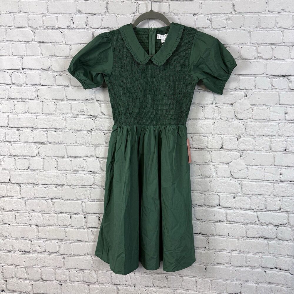 Ivy City Mini Addie Dress Green Girls 13/14 Smocked Pockets Peter Pan Collar NWT